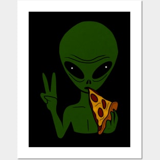 Funny Alien Eating Pizza Halloween Gift Posters and Art